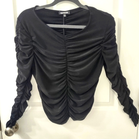 Express Crew Neck Long Sleeve Ruched Tee Black Size M - Picture 8 of 8